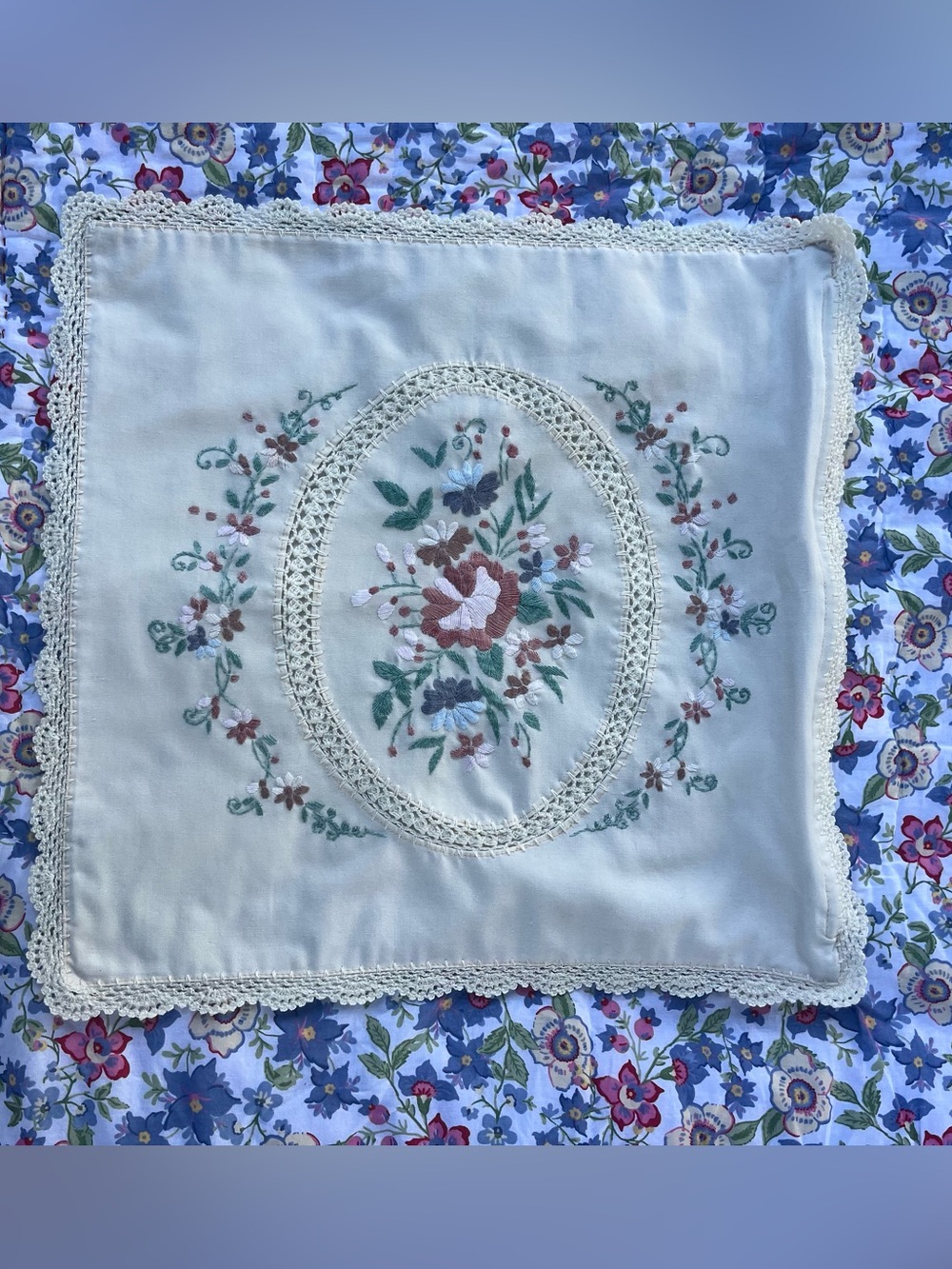16x16” Vintage Embroidered Pillowcase 100% Cotton